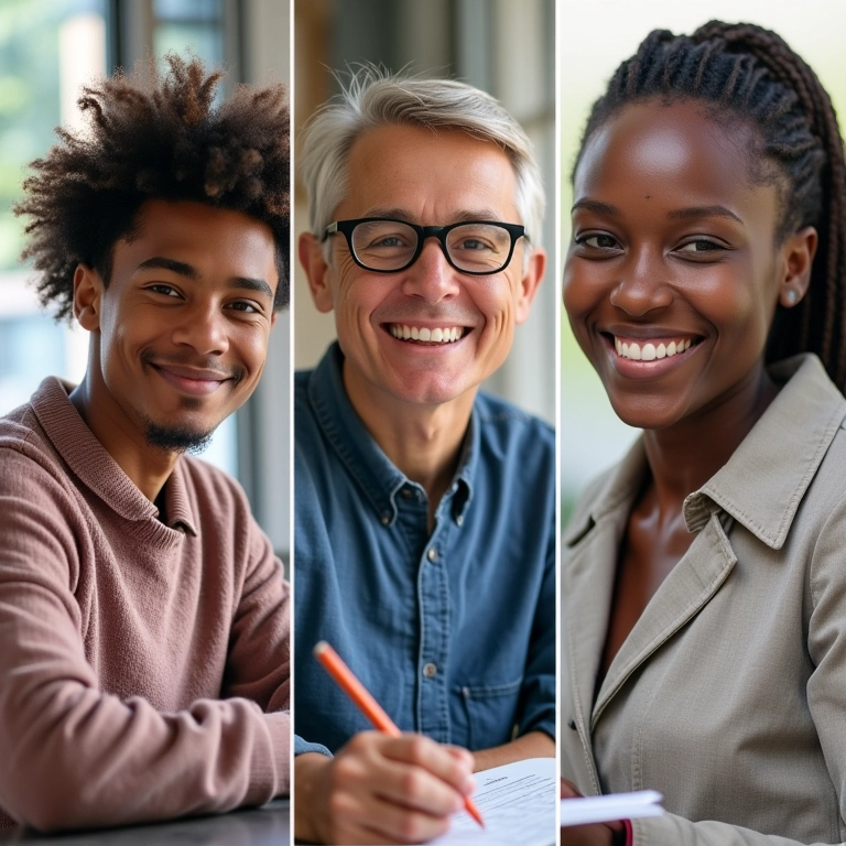Colagem de pessoas diversas usando palavras de origem grega e latina em seus trabalhos.