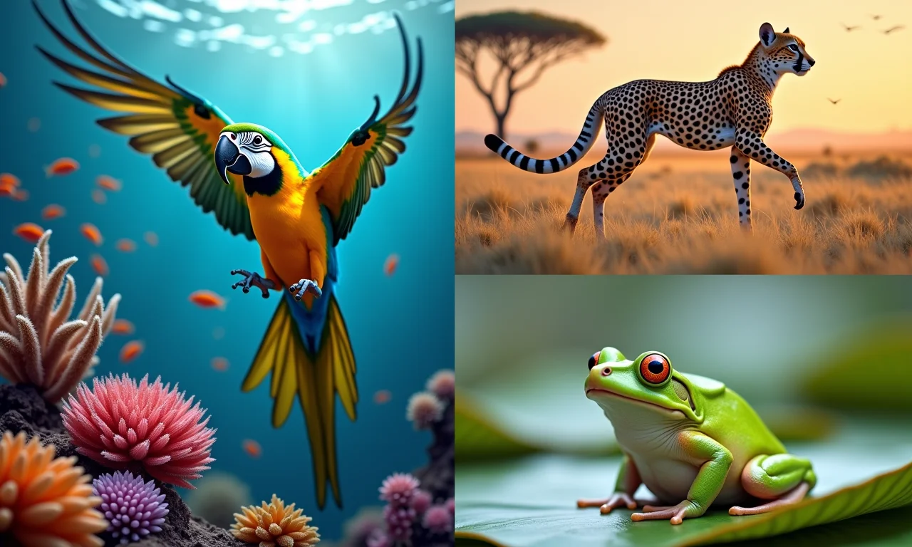 Colagem vibrante de peixes, arara, chita e rã, representando a diversidade dos vertebrados.