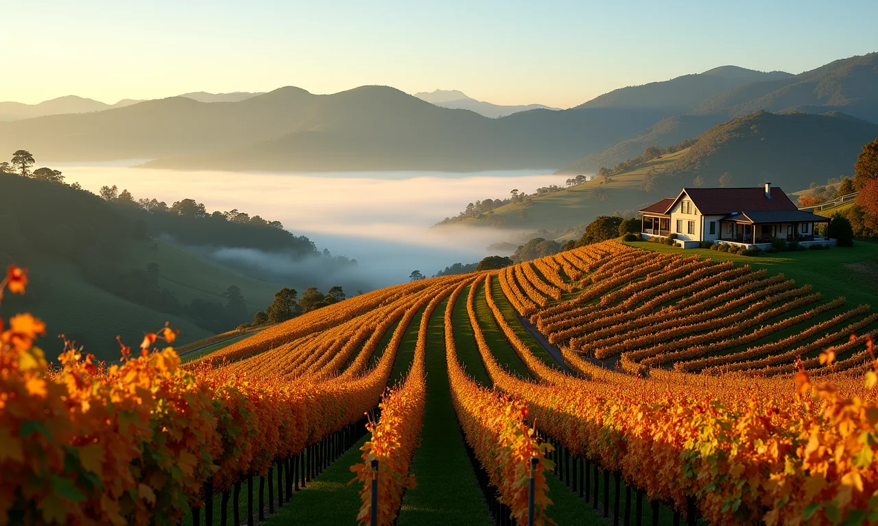 Colinas no sul do Brasil com vinhedos, cores de outono e neblina no vale.