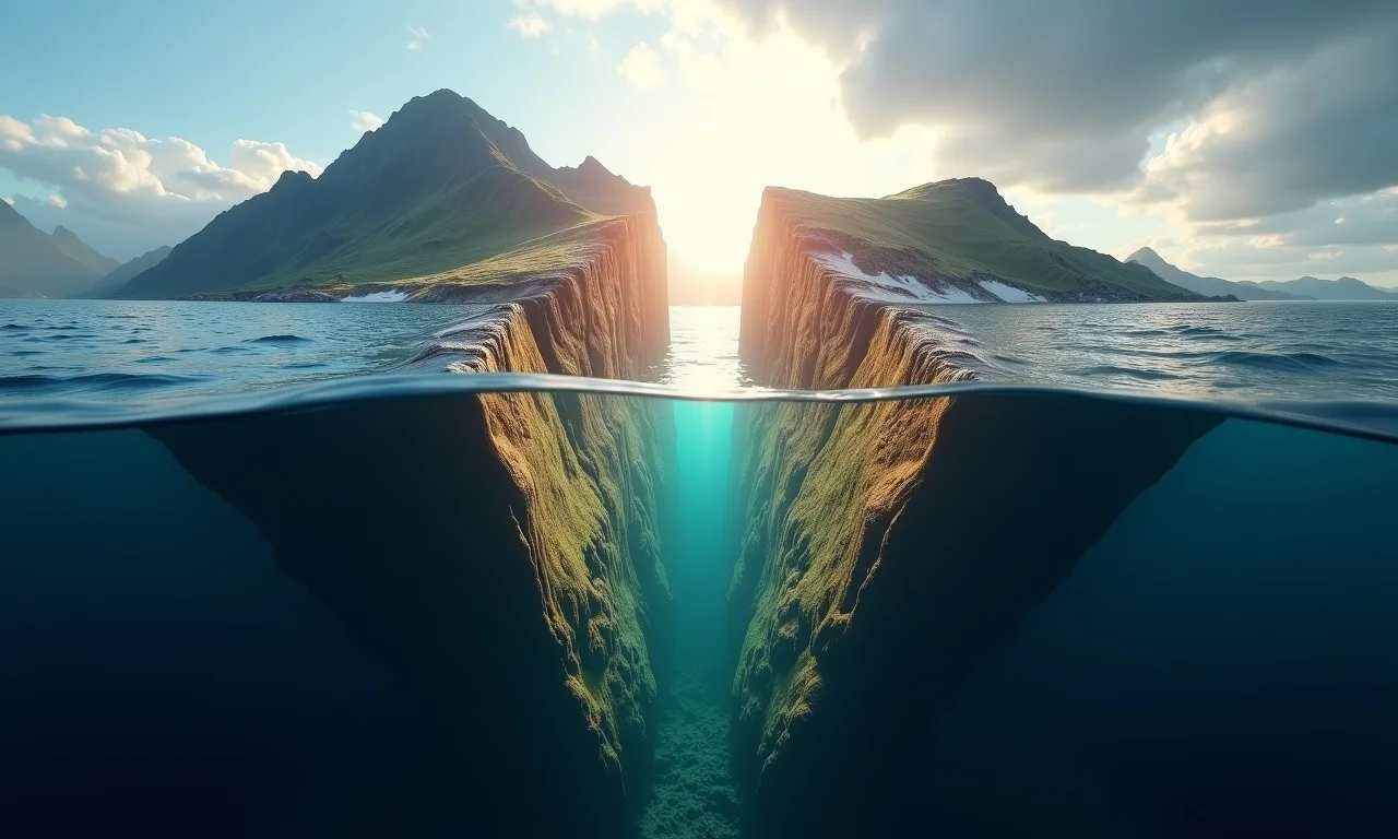 Colisão de placas tectônicas criando uma nova ilha e cadeia de montanhas submarina.