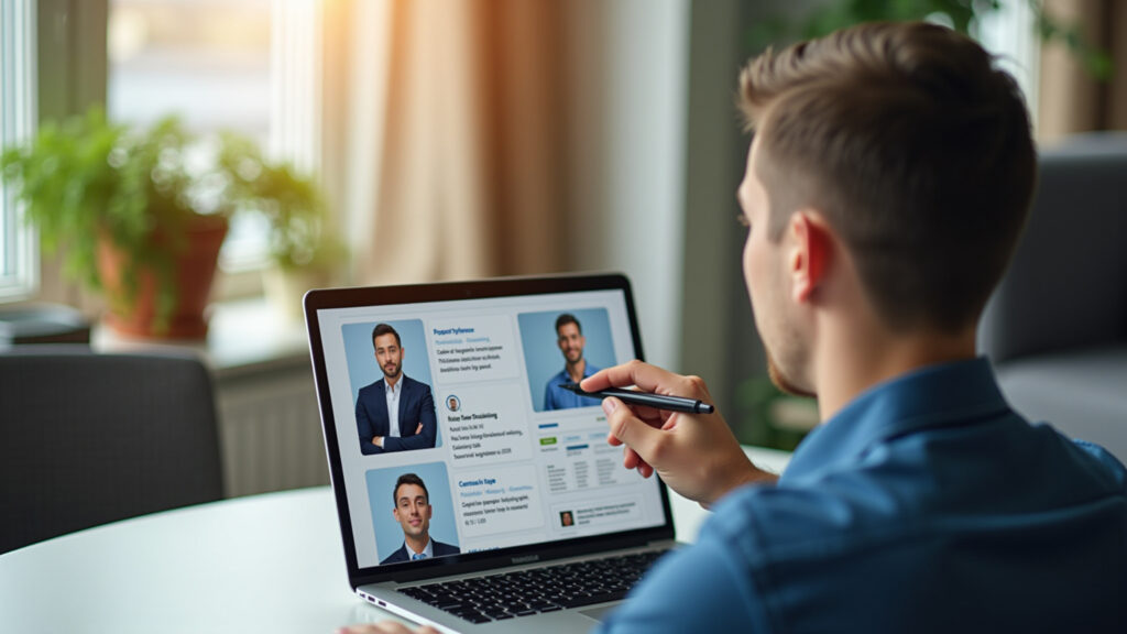 Comparando perfis de gestores de tráfego em um laptop.