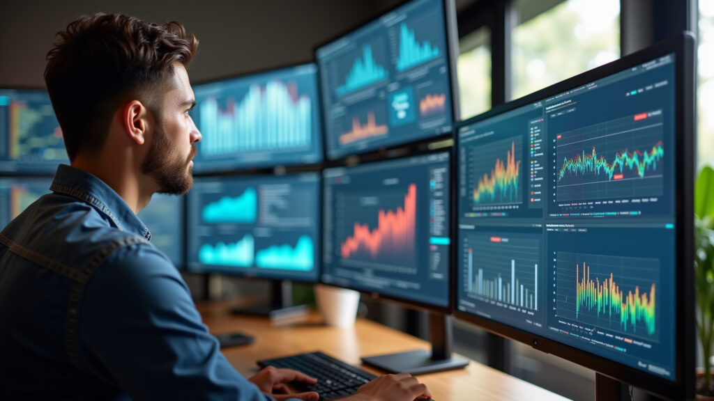 Configuração complexa de campanha de anúncios em múltiplas telas.