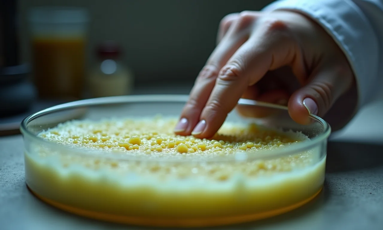 Cultura de mofo penicilina em placa de Petri sendo inspecionada por médico em cena vintage.