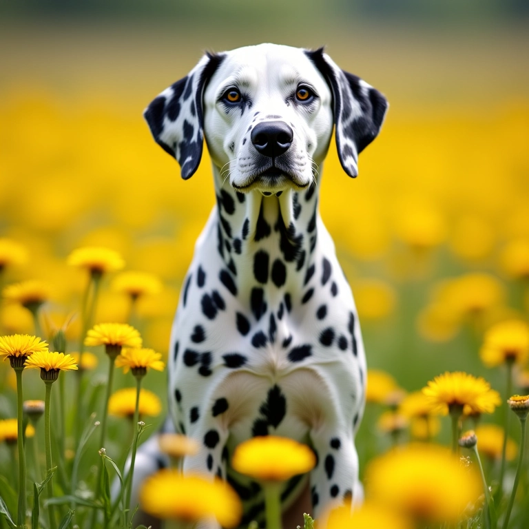 Dálmata em campo de dentes-de-leão, cores azul e amarelo.