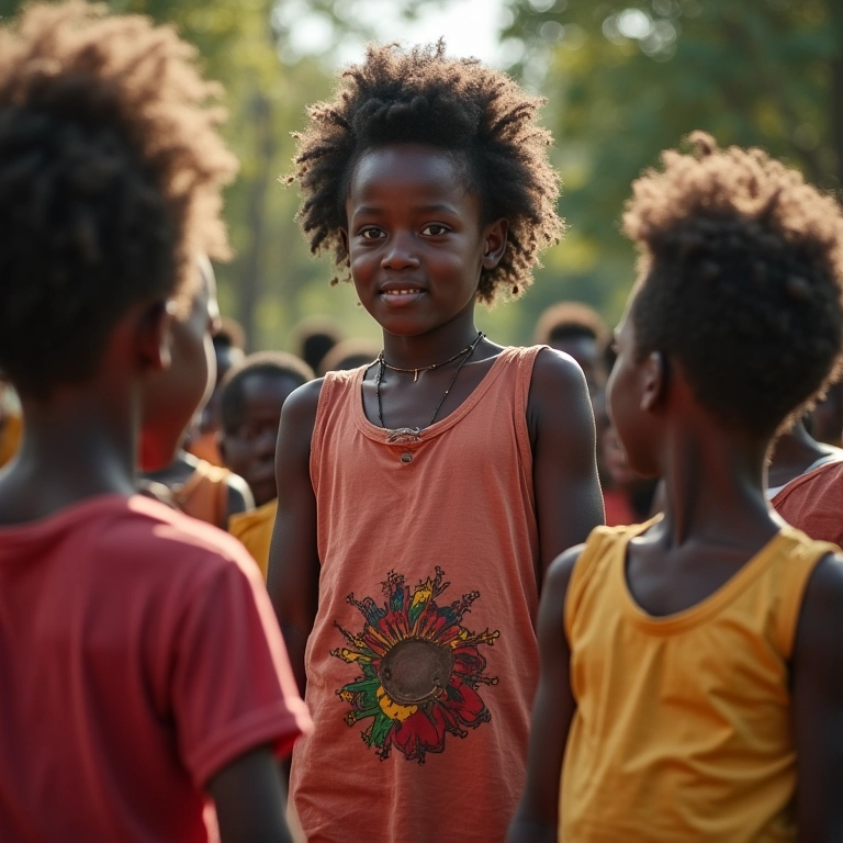 Dandara ensinando crianças sobre liberdade no Quilombo dos Palmares.