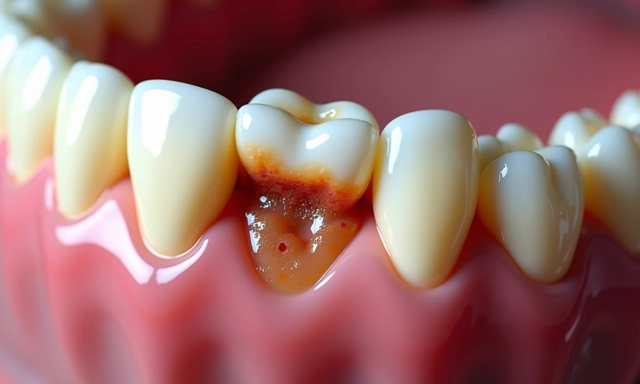 Dente do siso semi-incluso com inflamação na gengiva e placa visível.