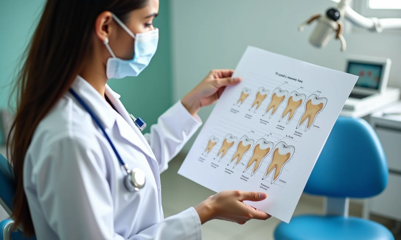 Dentista explicando a ordem comum da queda dos dentes de leite com um gráfico.
