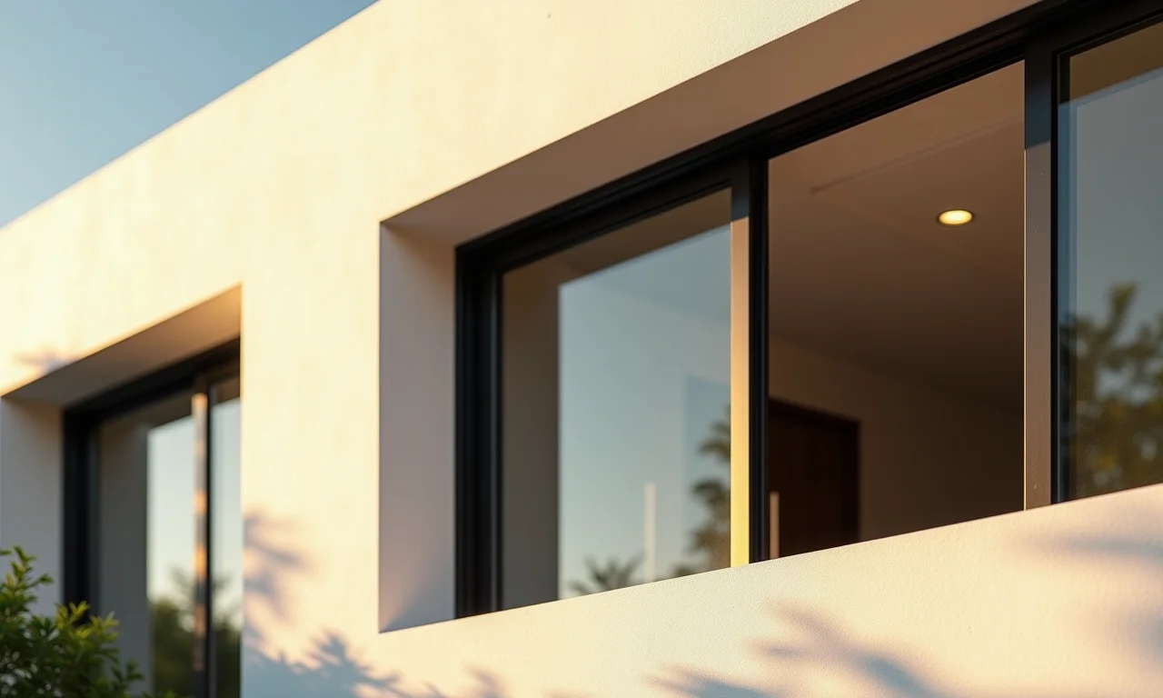 Detalhe arquitetônico de uma casa brasileira moderna com janelas retangulares.