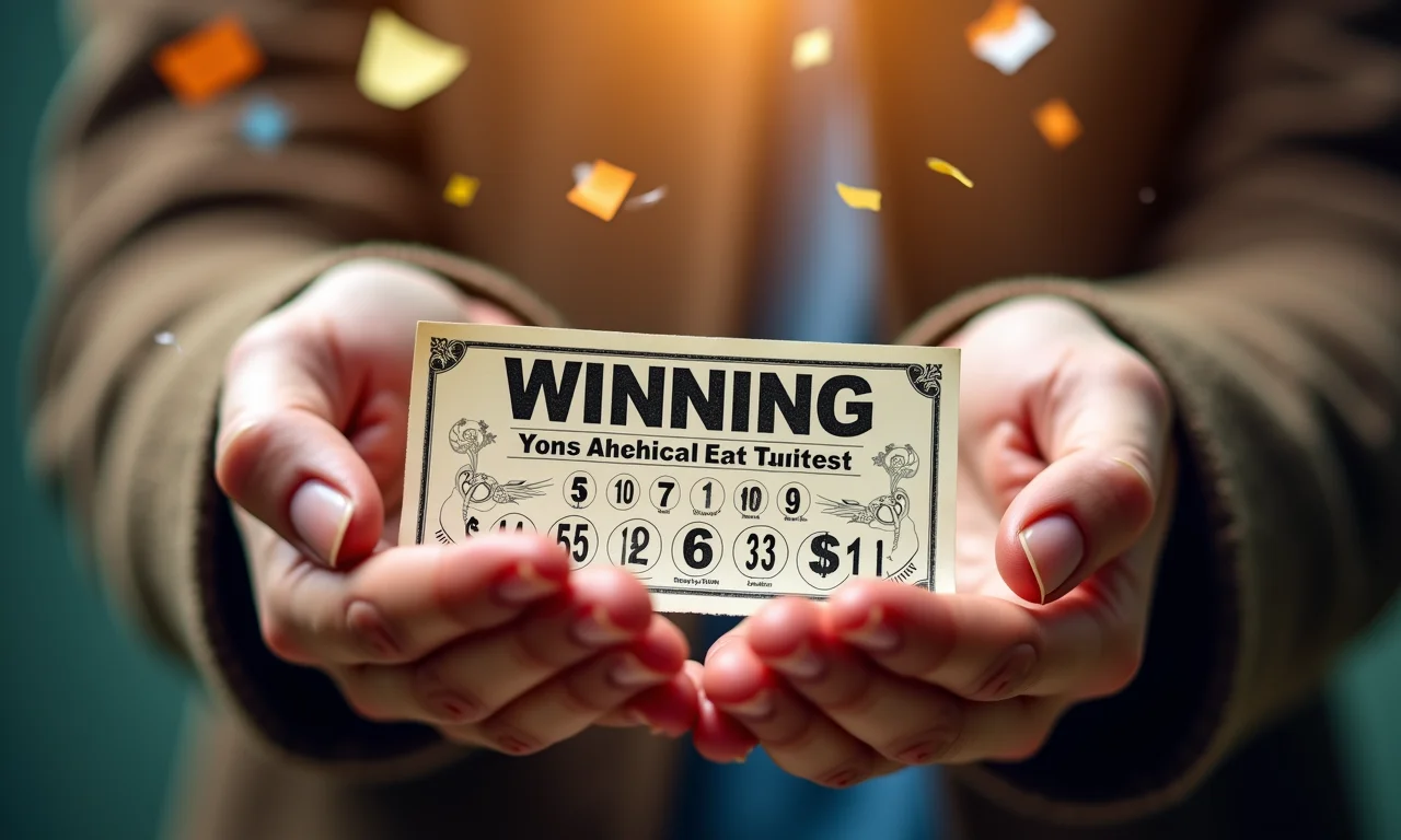 Detalhe de bilhete premiado da loteria com confetes caindo.