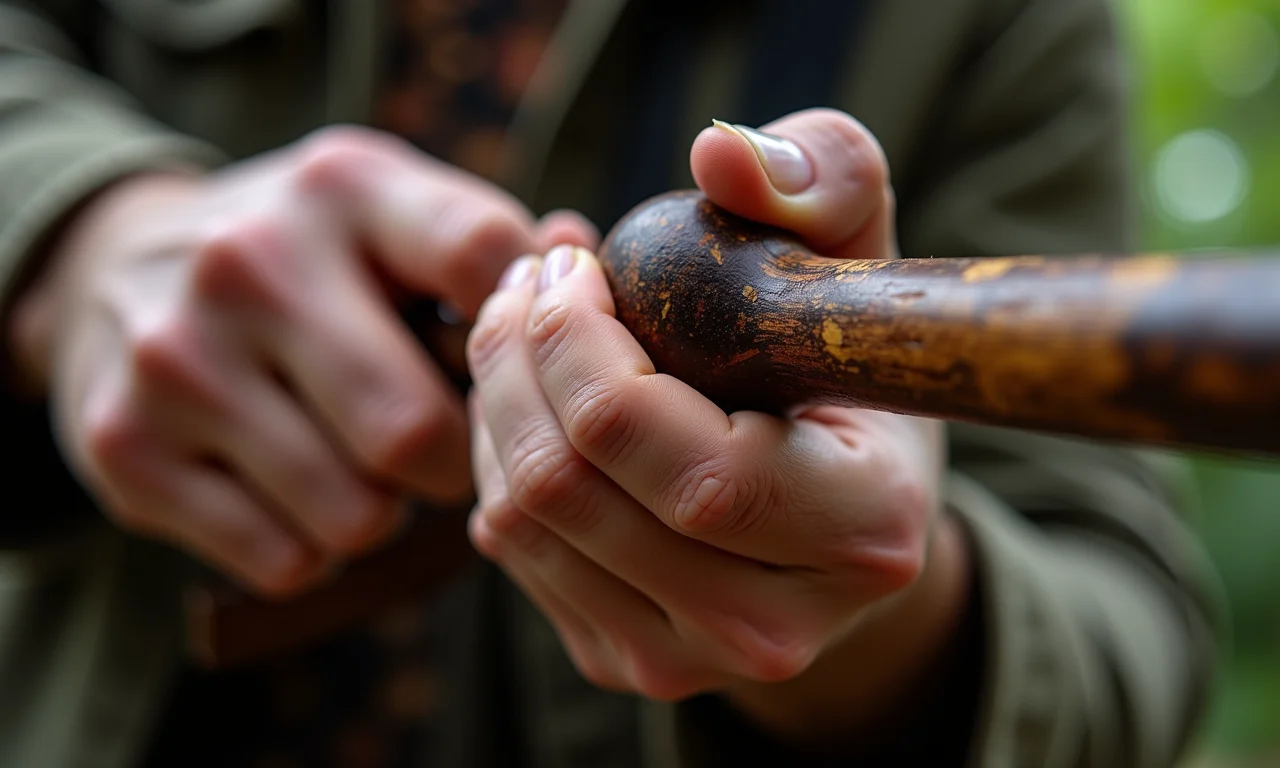 Detalhe de um berimbau gunga sendo tocado, mostrando a vibração e o som.