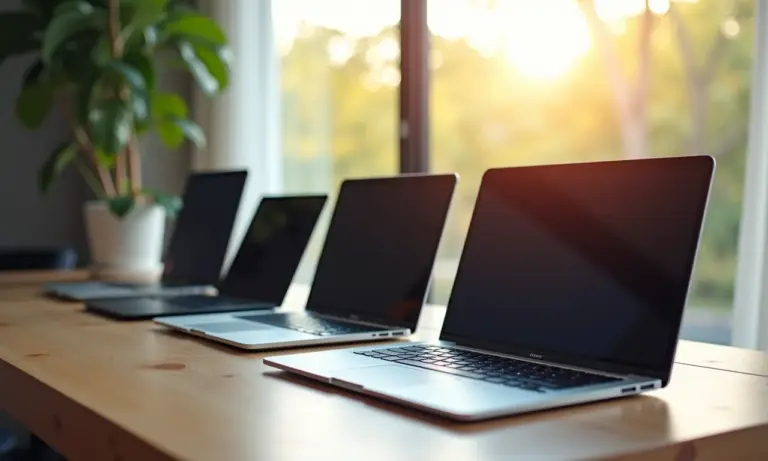 Diversas marcas de notebooks exibidas em uma mesa de madeira bem iluminada.