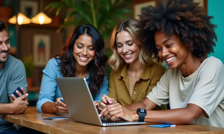 Diversos brasileiros usando cartões de crédito online em cenário vibrante.