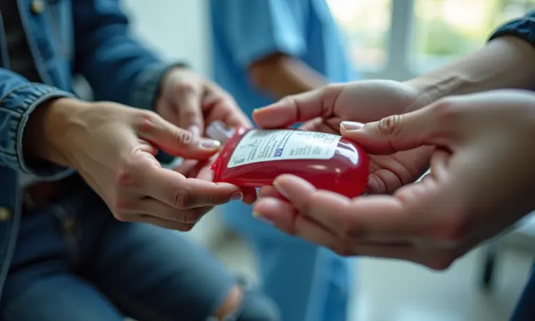 Doação de sangue em clínica moderna com mãos diversas.