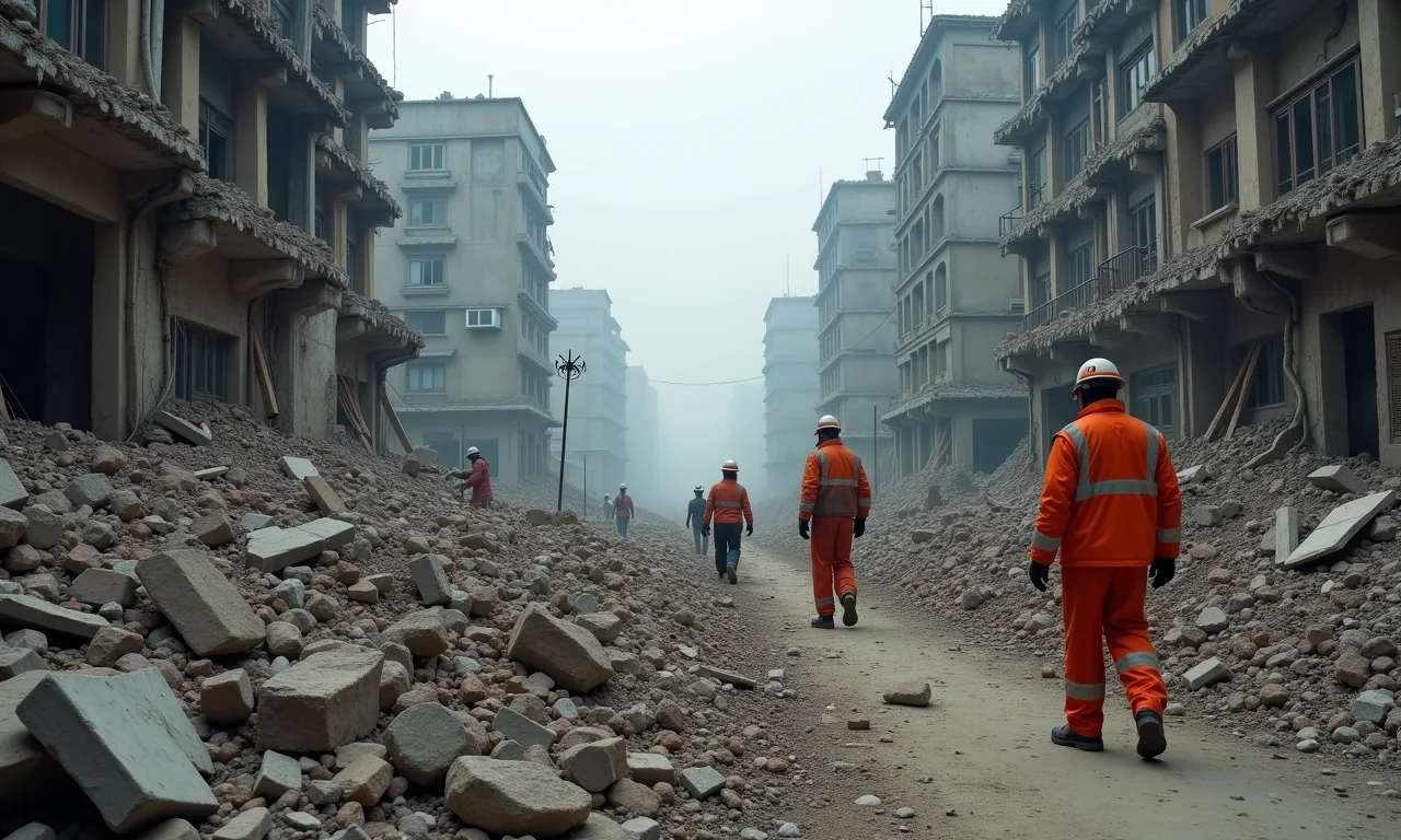 Edifícios desabados e escombros em Sichuan, China, após o terremoto de 2008.