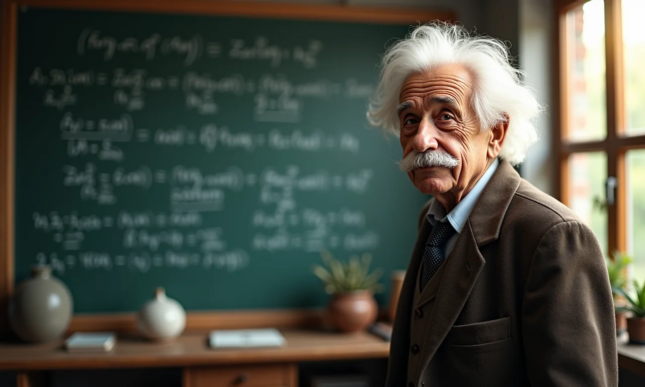 Einstein idoso perto de um quadro negro cheio de equações sob luz natural.