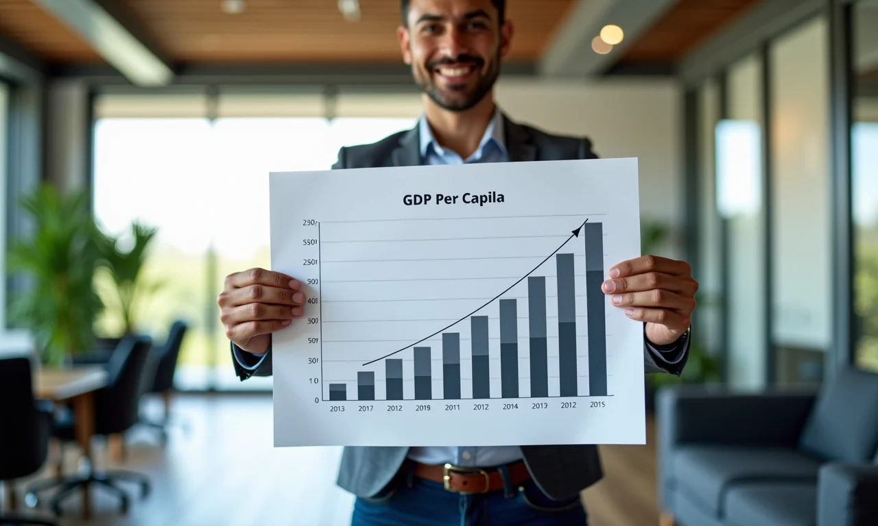 Empreendedor brasileiro apresentando gráfico de crescimento do PIB per capita.