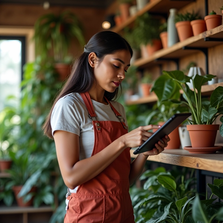 Empresária brasileira usando tablet em sua loja vibrante, representando desenvolvimento econômico.