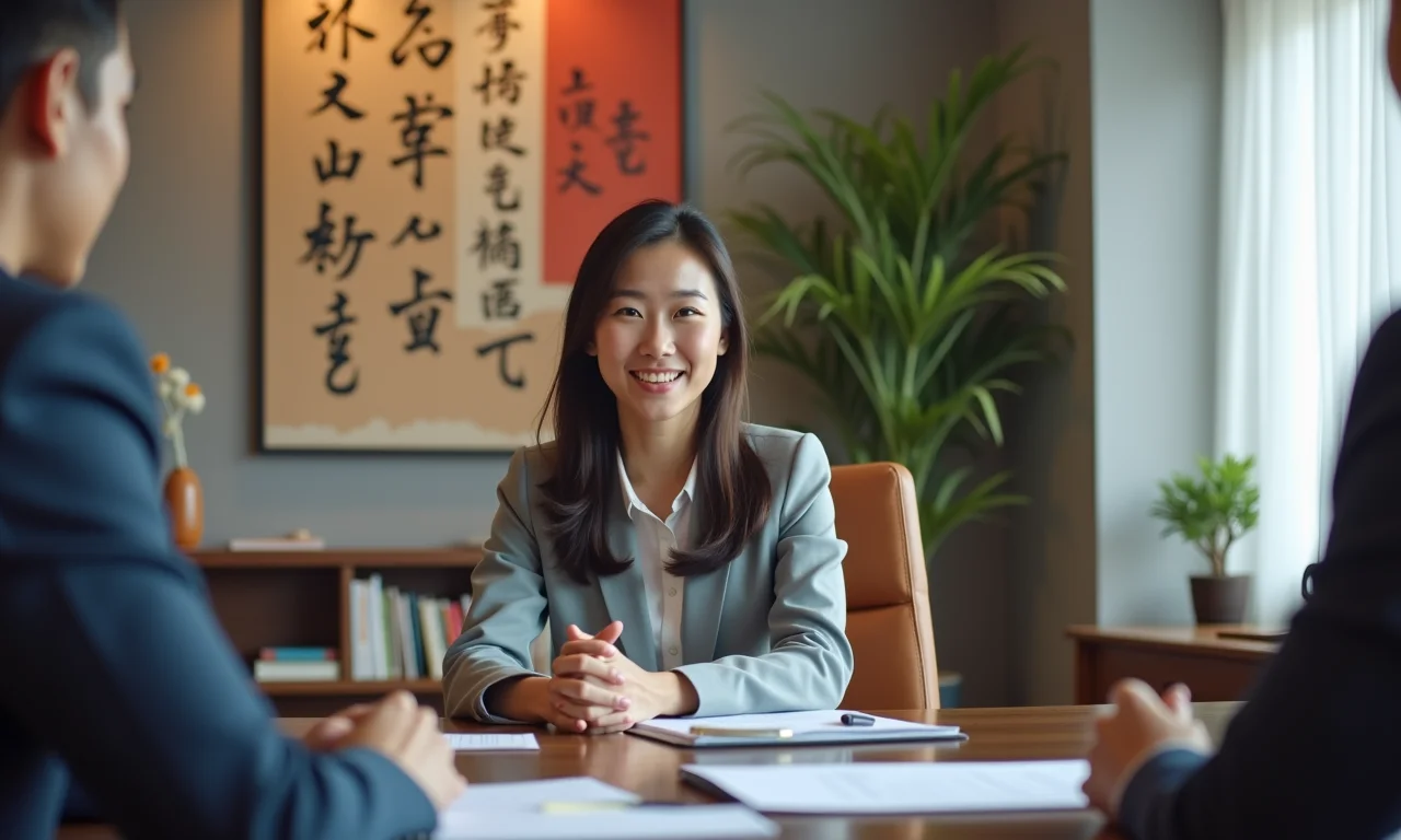 Empresária falando mandarim em reunião em escritório moderno.