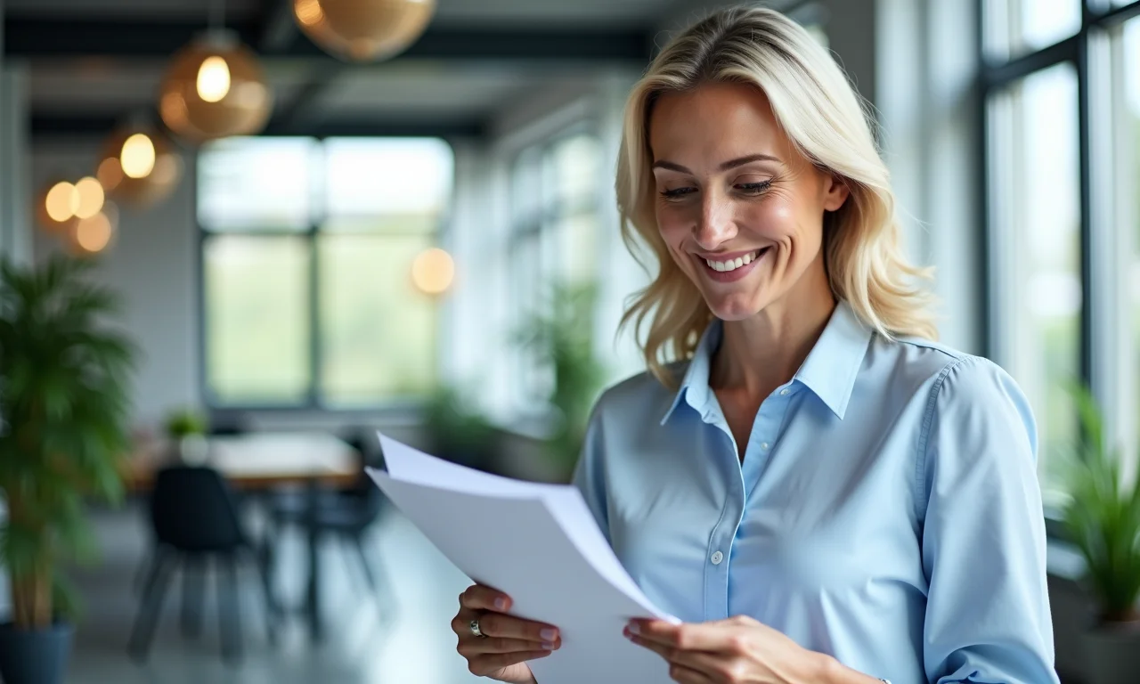 Empresária revisando documentos em escritório iluminado.