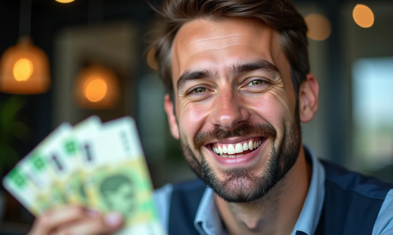 Empresário sorrindo com dinheiro, representando a busca pelo lucro.
