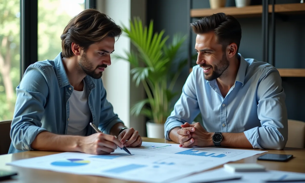 Empresários brasileiros analisando gráficos comparativos, representando a concorrência.