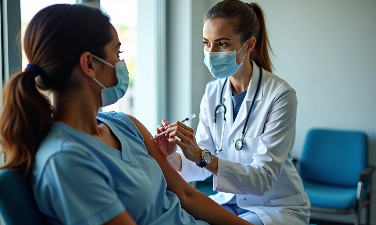 Enfermeira aplica vacina contra Hepatite B em paciente adulto.