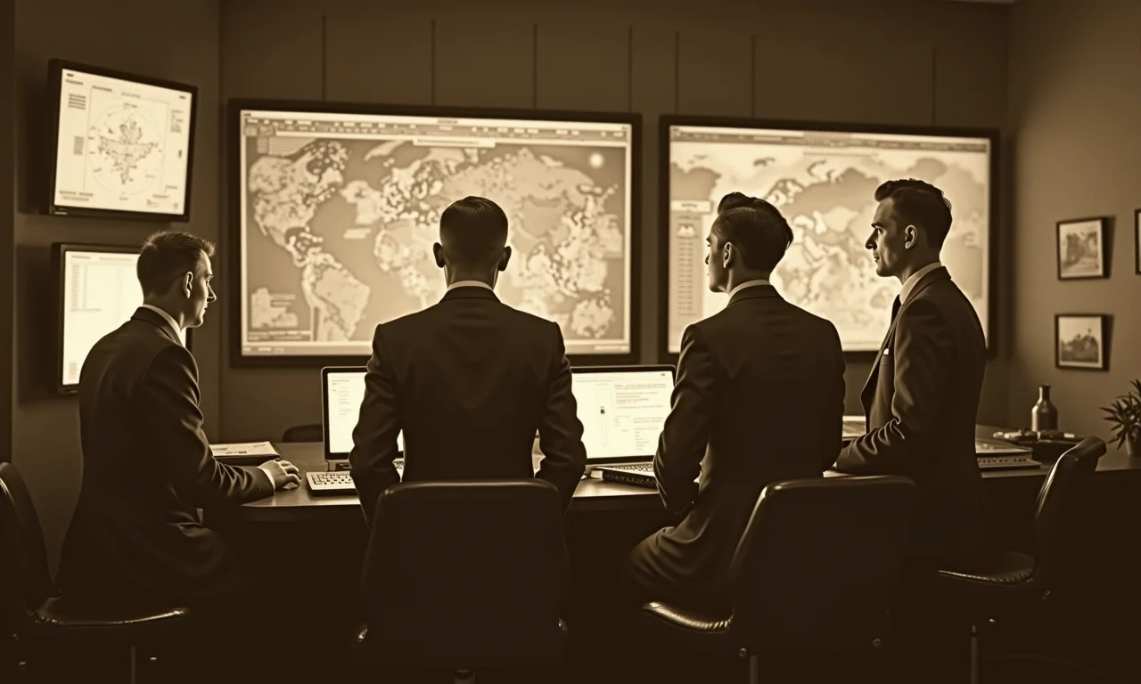 Equipe analisando radares e mapas durante a guerra, representando as origens da Pesquisa Operacional.