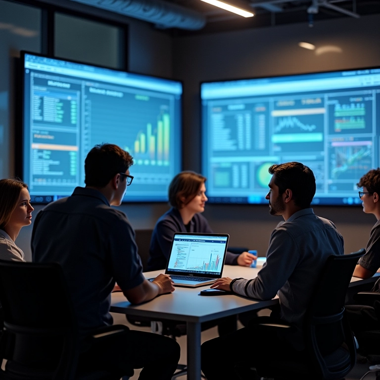 Equipe diversa debatendo testes de hipóteses em frente a telas com software estatístico.