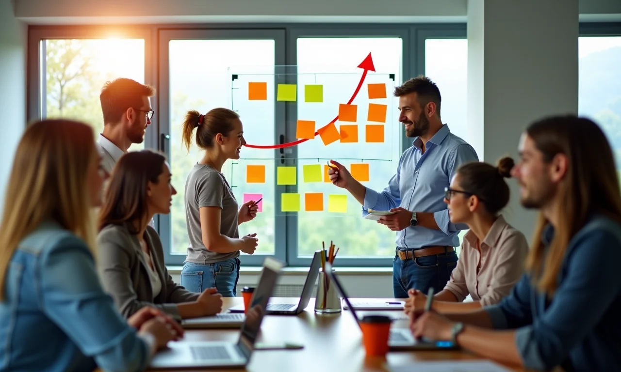 Equipe diversa em brainstorming com notas coloridas, representando os benefícios da Pesquisa Operacional.