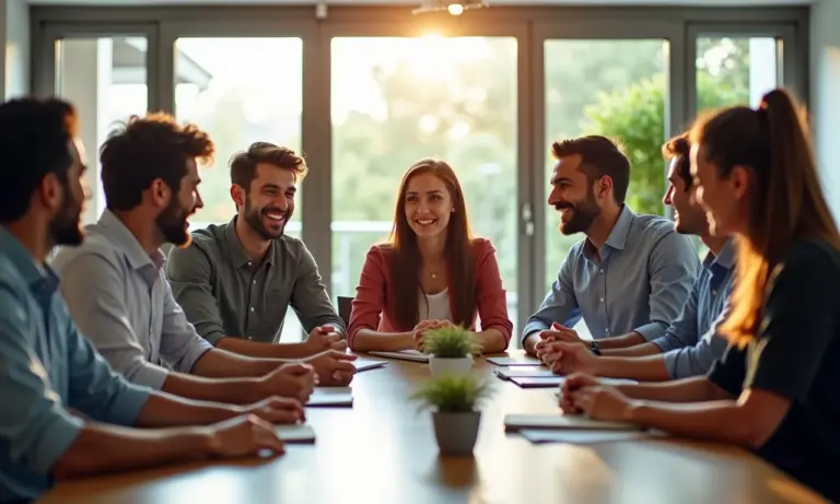 Equipe diversa reunida em mesa discutindo em ambiente de trabalho moderno e iluminado.