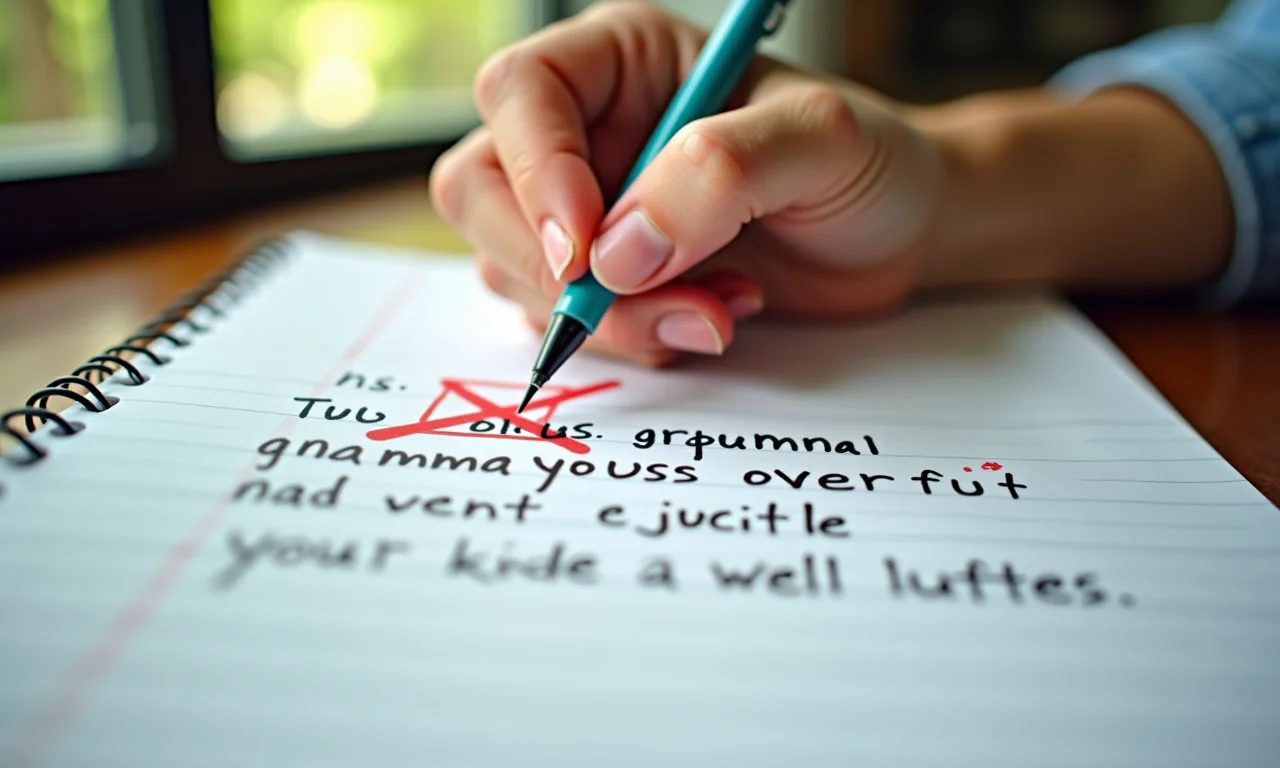 Erro gramatical marcado em caderno, ambiente de trabalho brasileiro.