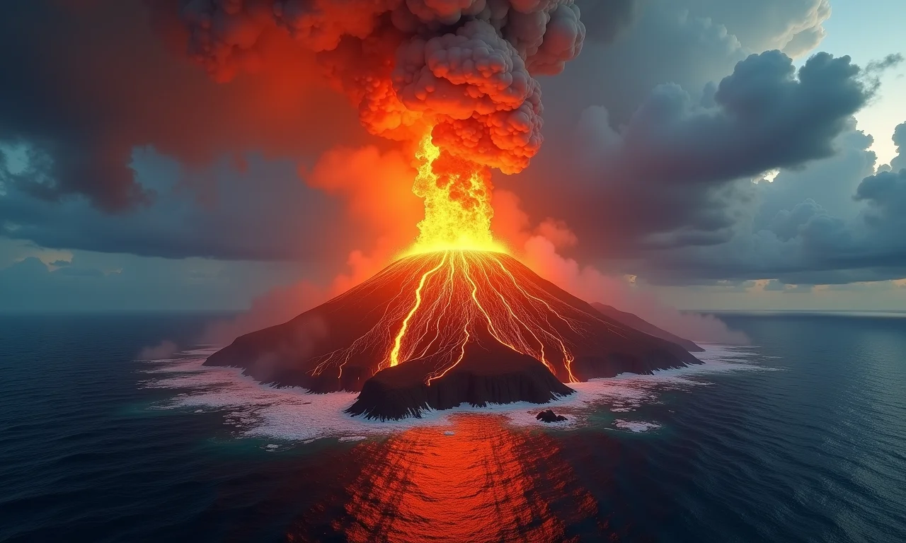 Erupção vulcânica criando uma nova ilha com lava escorrendo para o oceano.