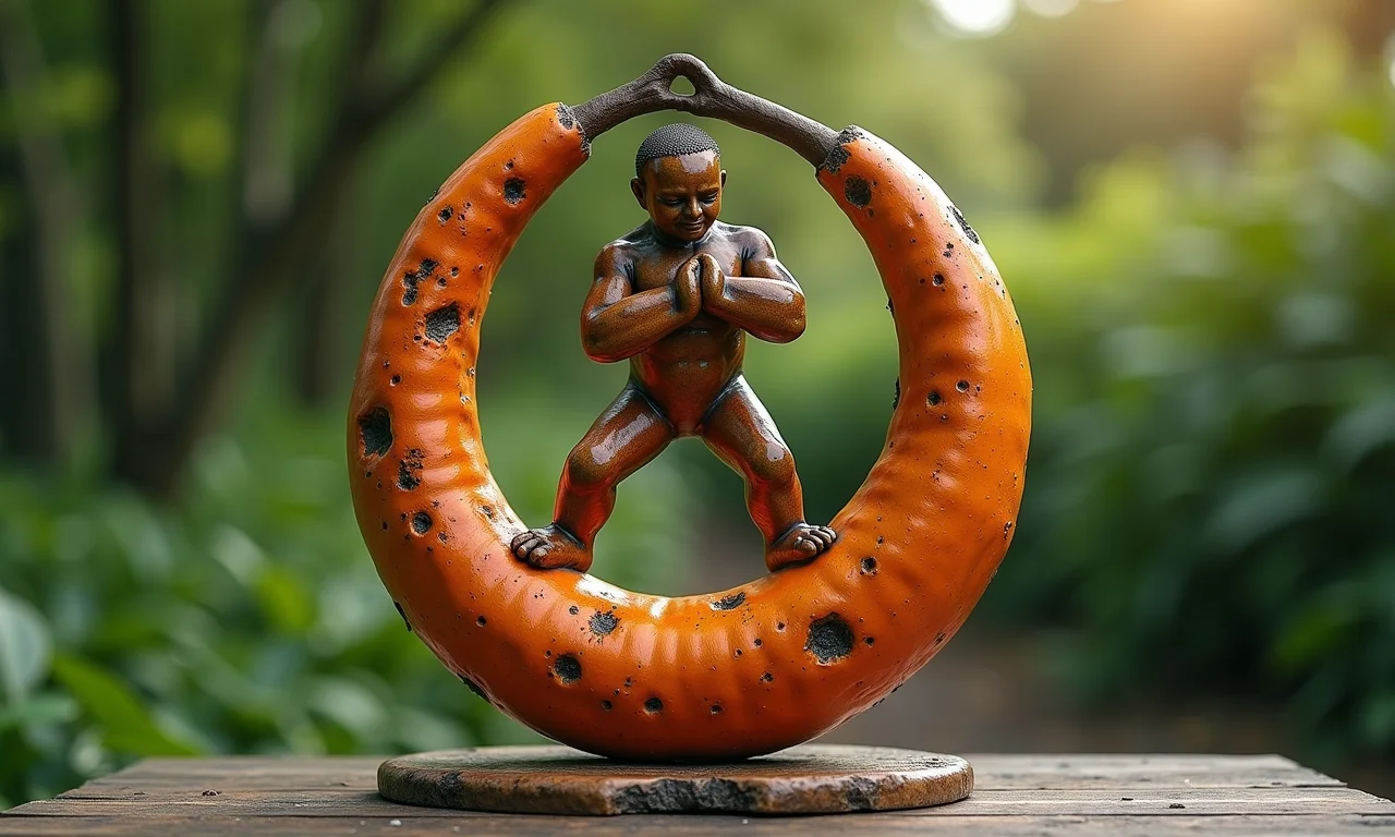 Escultura finalizada representando o particípio como ação concluída.