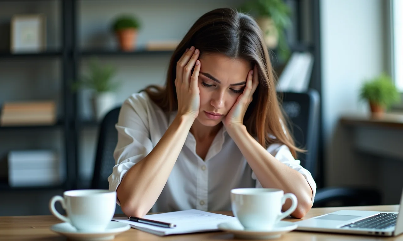Esgotamento emocional: mulher exausta no trabalho, refletindo o peso da exaustão emocional da Síndrome de Burnout.