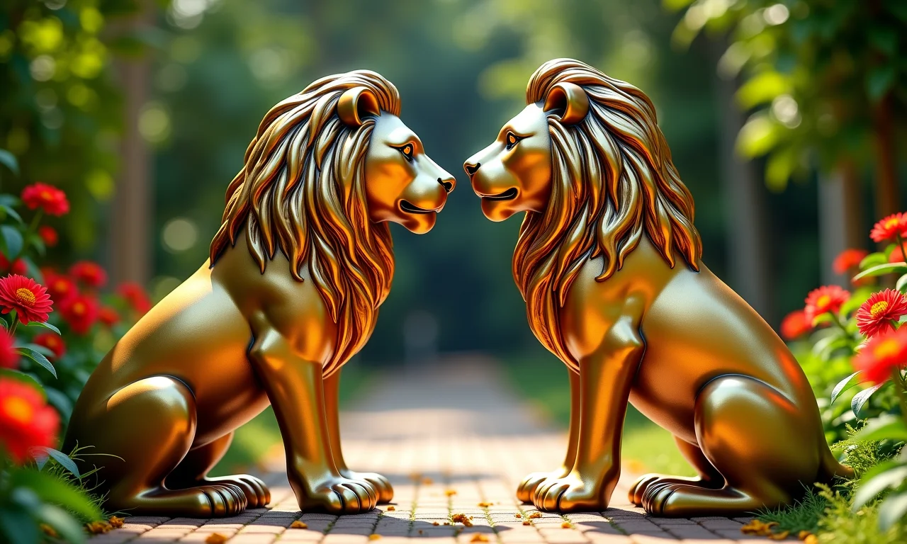Estátuas de leões dourados representando a compatibilidade do signo de Leão.