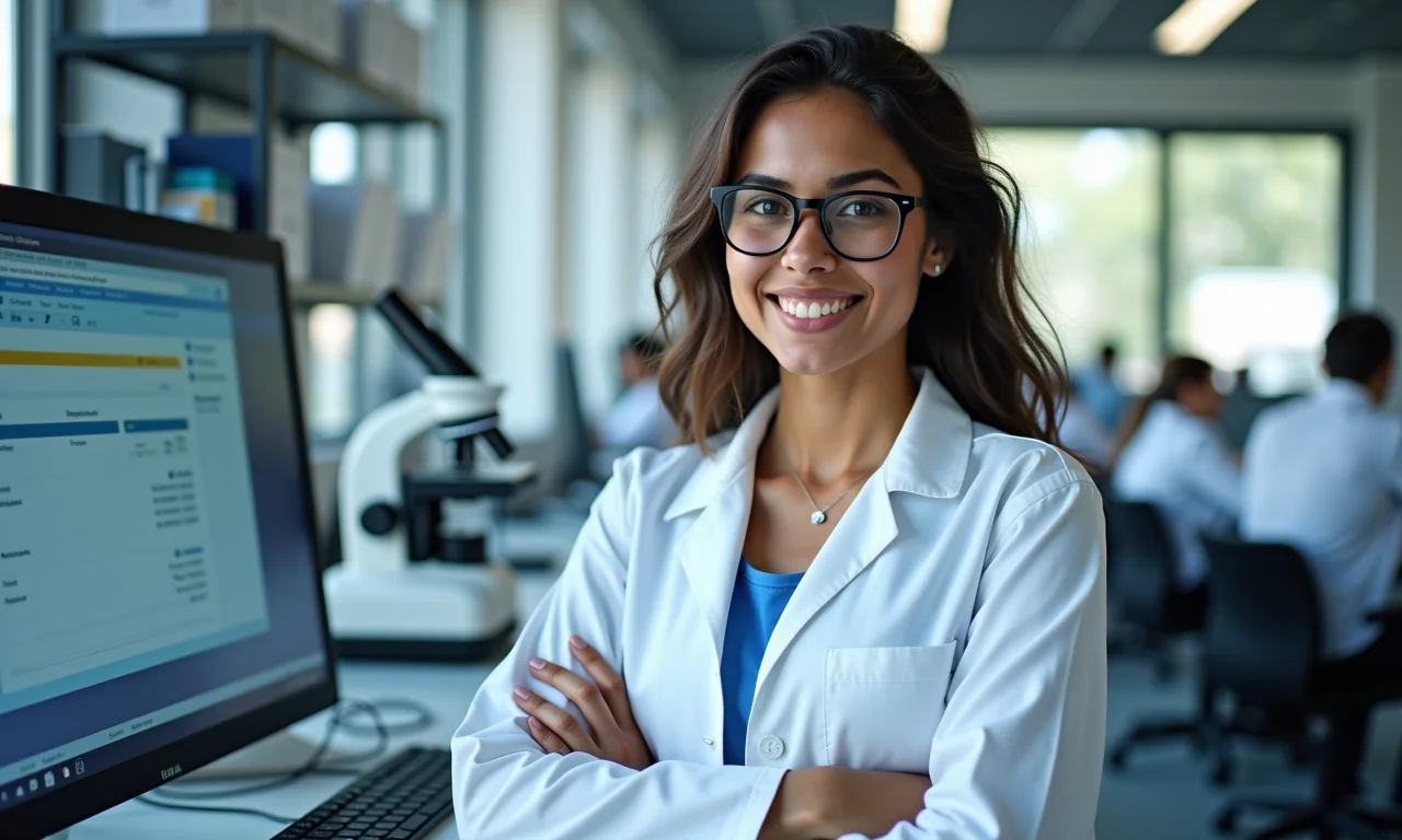 Estudante brasileira em laboratório de pesquisa moderno, utilizando tecnologia avançada.