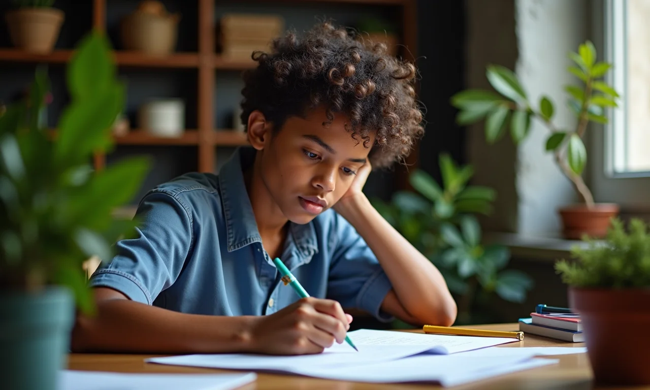 Estudante concentrada em dominar as nuances das palavras 'Meio' e 'Bastante'.