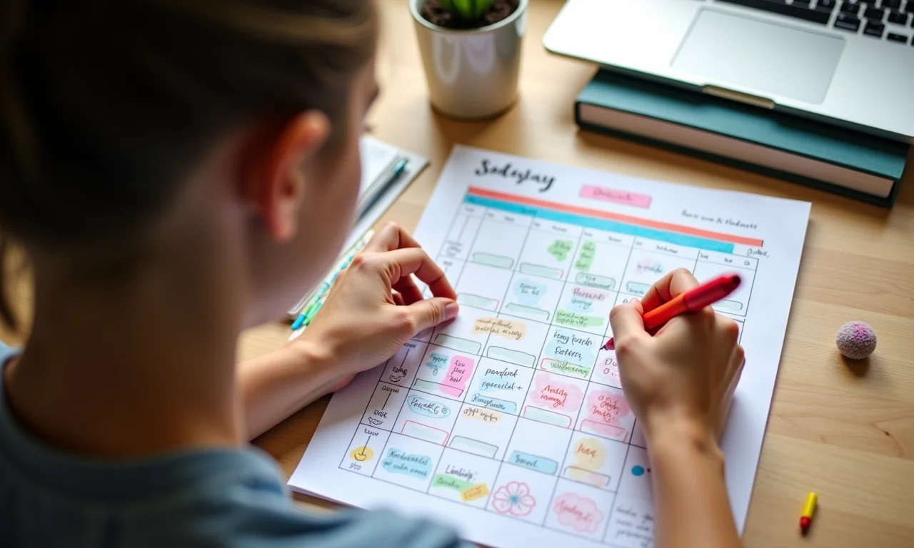 Estudante criando um cronograma de estudos colorido e organizado.
