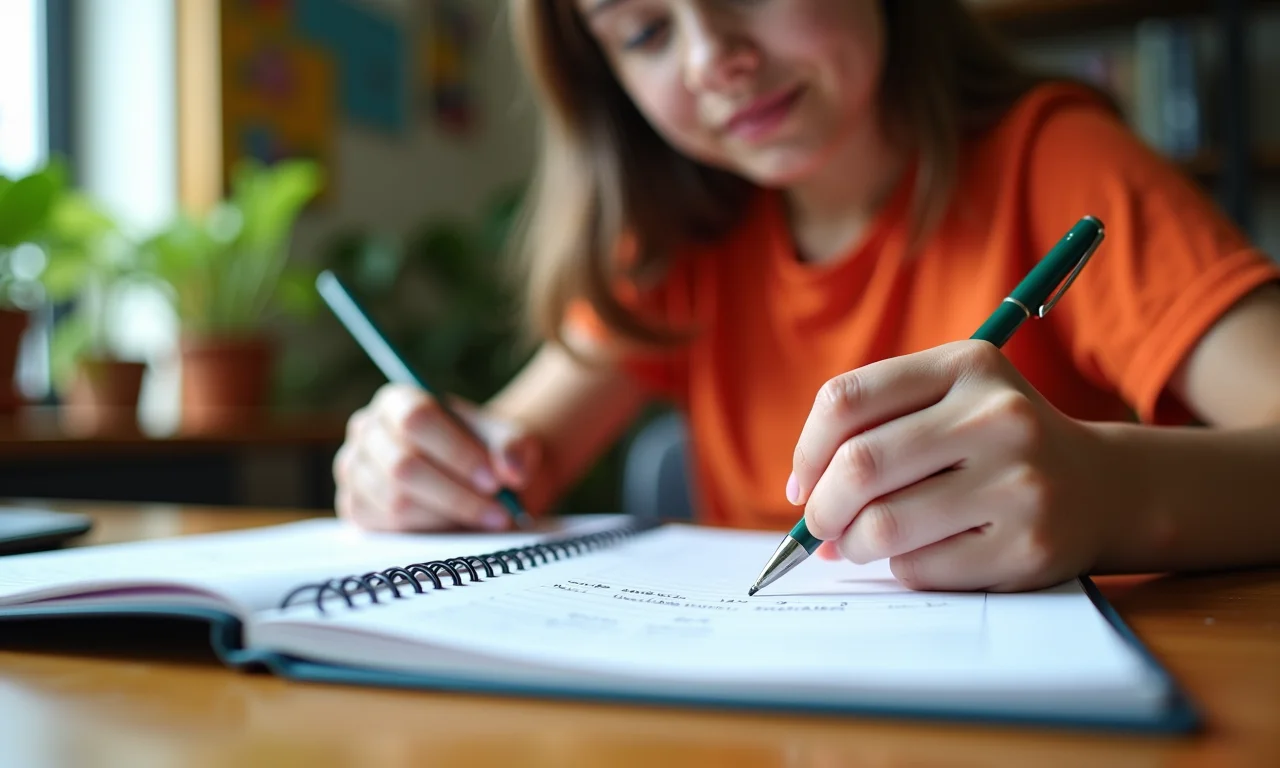 Estudante revisando as regras gerais de concordância nominal em um ambiente de estudo acolhedor.