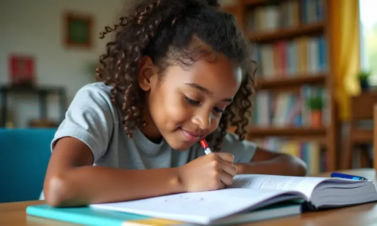 Estudante sorrindo concentrado em livros de matemática.
