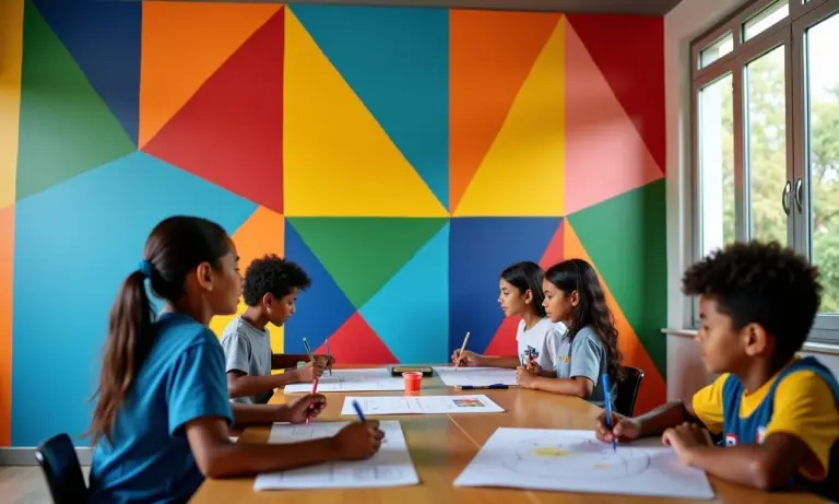 Estudantes brasileiros trabalhando juntos em problemas de quadriláteros em um mural colorido.
