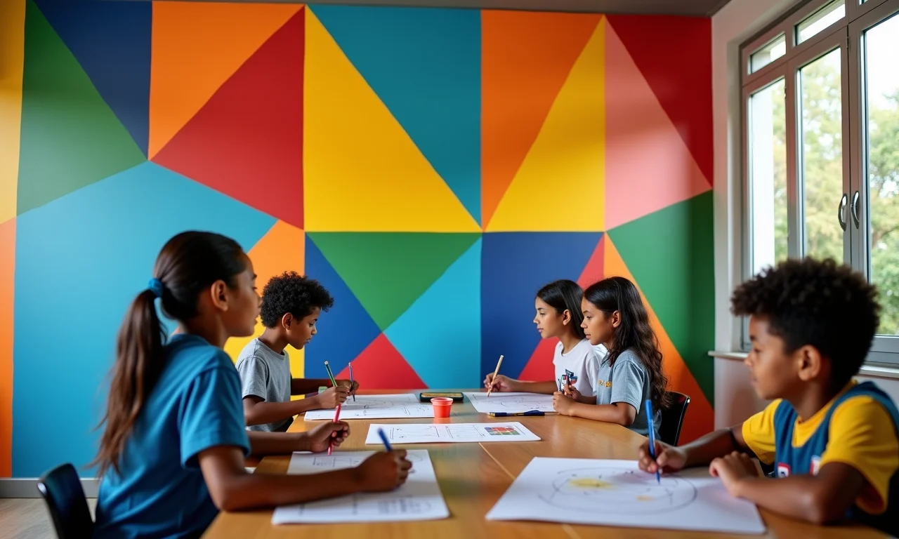Estudantes brasileiros trabalhando juntos em problemas de quadriláteros em um mural colorido.
