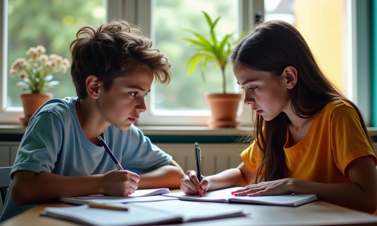 Estudantes discutindo o uso correto de adjetivos com vários substantivos.