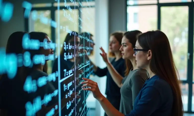 Estudantes diversos colaborando em equação matemática complexa.