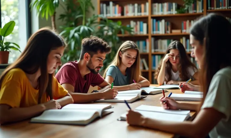 Estudantes diversos concentrados em aprender concordância nominal em biblioteca vibrante.