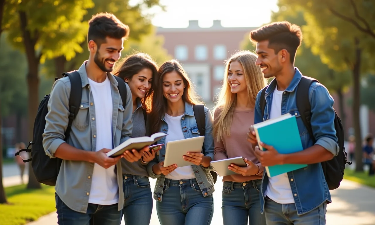 Estudantes universitários estudando espanhol em campus latino-americano.