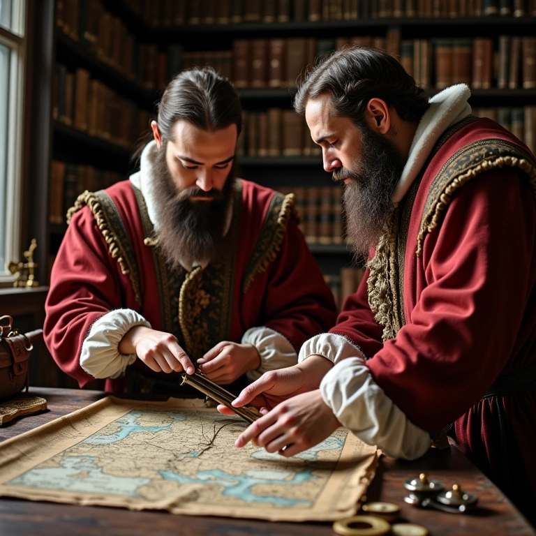 Estudiosos medievais examinando mapas e instrumentos, representando o desenvolvimento de novas tecnologias após as Cruzadas.