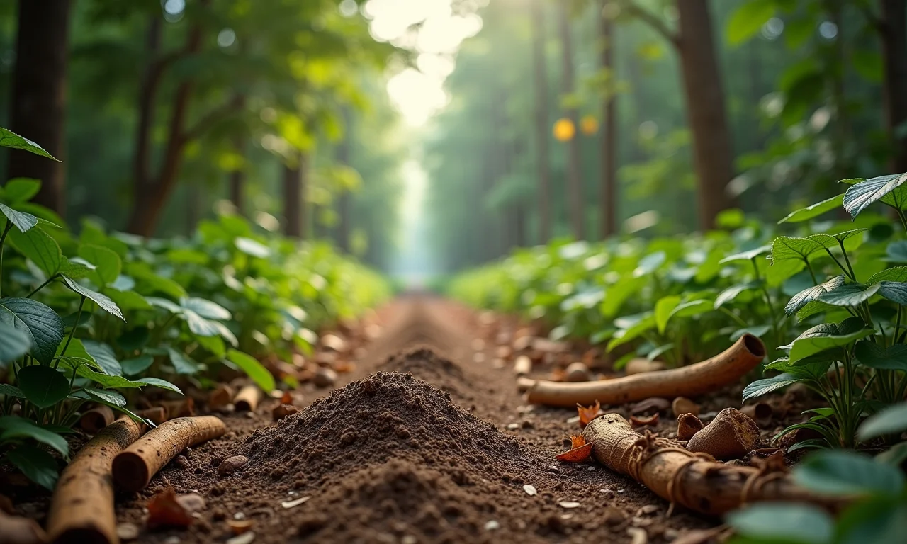 Extração sustentável de madeira e fibras naturais em floresta brasileira manejada de forma responsável.