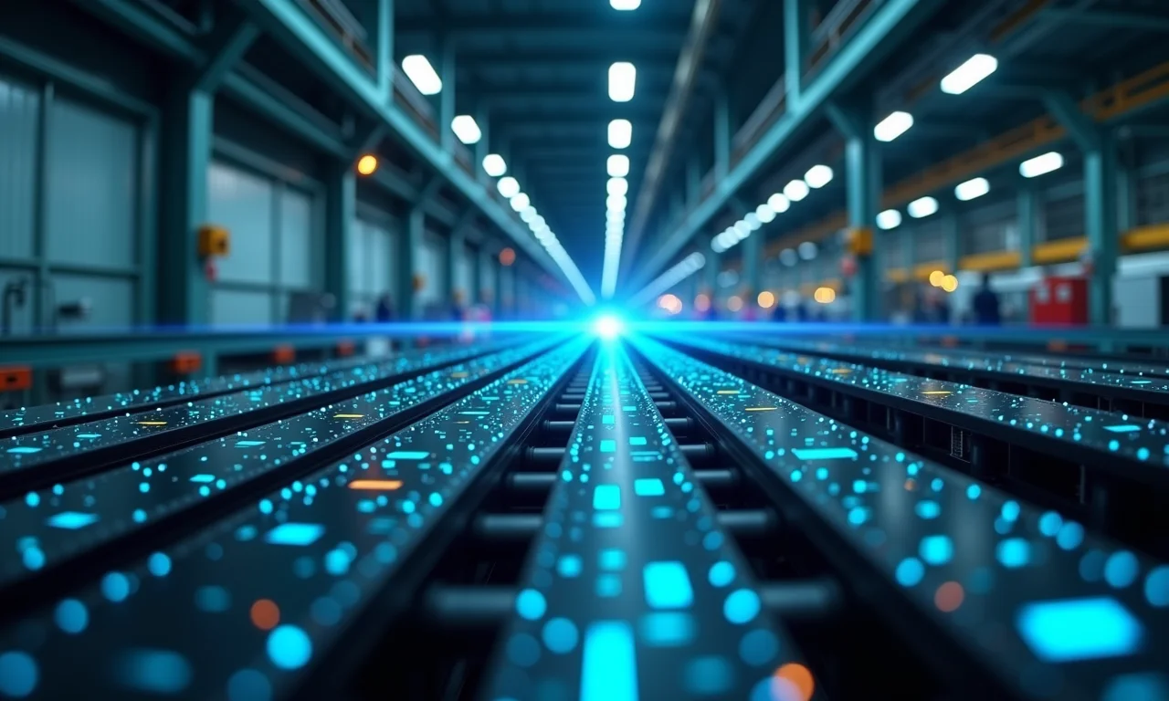 Fábrica moderna com visualização de algoritmos e dados, representando o funcionamento da Pesquisa Operacional.