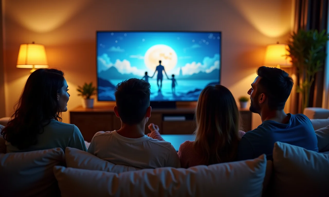 Família assistindo TV em sala aconchegante com decoração brasileira.